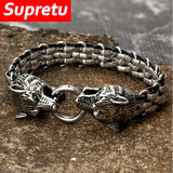 Vikings Stainless Steel Wolf Head Bracelets Men's Wristband Punk Jewelry