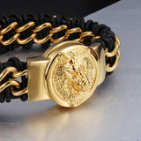 Vikings Wolf Head Men Bracelet Stainless Steel Braided Leather