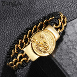 Vikings Wolf Head Men Bracelet Stainless Steel Braided Leather