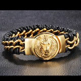 Vikings Wolf Head Men Bracelet Stainless Steel Braided Leather