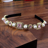 Vintage Baroque Headdress Rhinestone Pearls Hairband Pink Green Crystal
