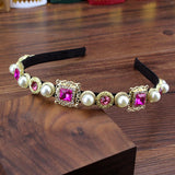 Vintage Baroque Headdress Rhinestone Pearls Hairband Pink Green Crystal