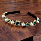 Vintage Baroque Headdress Rhinestone Pearls Hairband Pink Green Crystal