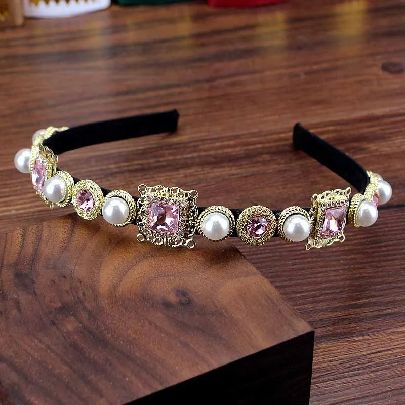 Vintage Baroque Headdress Rhinestone Pearls Hairband Pink Green Crystal