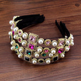 Vintage Baroque Headdress Rhinestone Pearls Hairband Pink Green Crystal