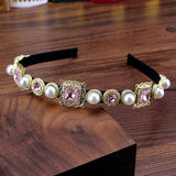 Vintage Baroque Headdress Rhinestone Pearls Hairband Pink Green Crystal