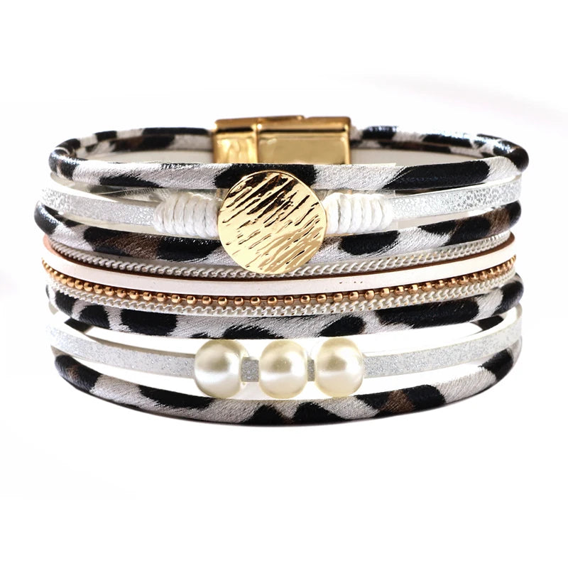 Vintage Gothic Leopard Pattern Metal Multilayer Leather Bracelet Men