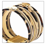 Vintage Gothic Leopard Pattern Metal Multilayer Leather Bracelet Men