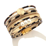 Vintage Gothic Leopard Pattern Metal Multilayer Leather Bracelet Men
