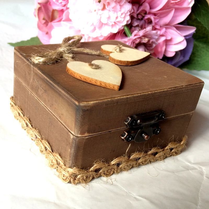 Vintage Style Wooden Ring Bearer Box Heart Ring Pillow Box