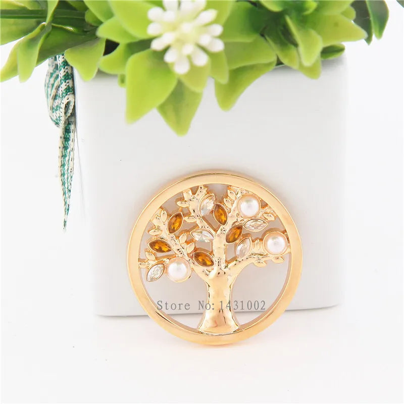 Vinnie Life Tree Coin Disc w/ Pearl & Champagne Stone for 35mm Frame Pendant