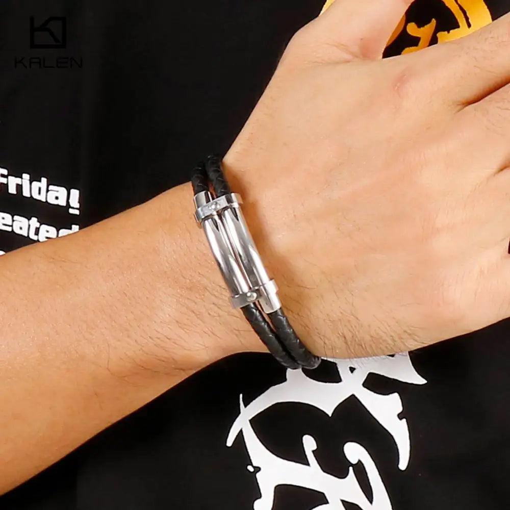 Vintage Leather Bracelet Men Stainless Steel Charm Wrap Wristband