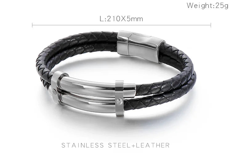 Vintage Leather Bracelet Men Stainless Steel Charm Wrap Wristband