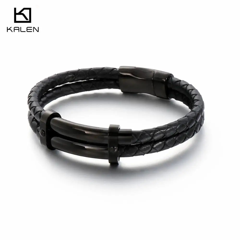 Vintage Leather Bracelet Men Stainless Steel Charm Wrap Wristband
