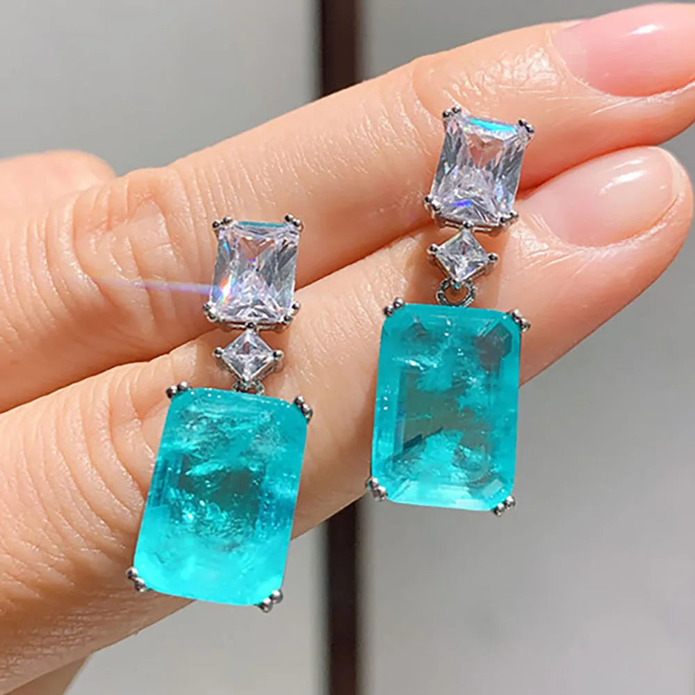 Vintage Paraiba Tourmaline Lab Diamond Drop Earrings