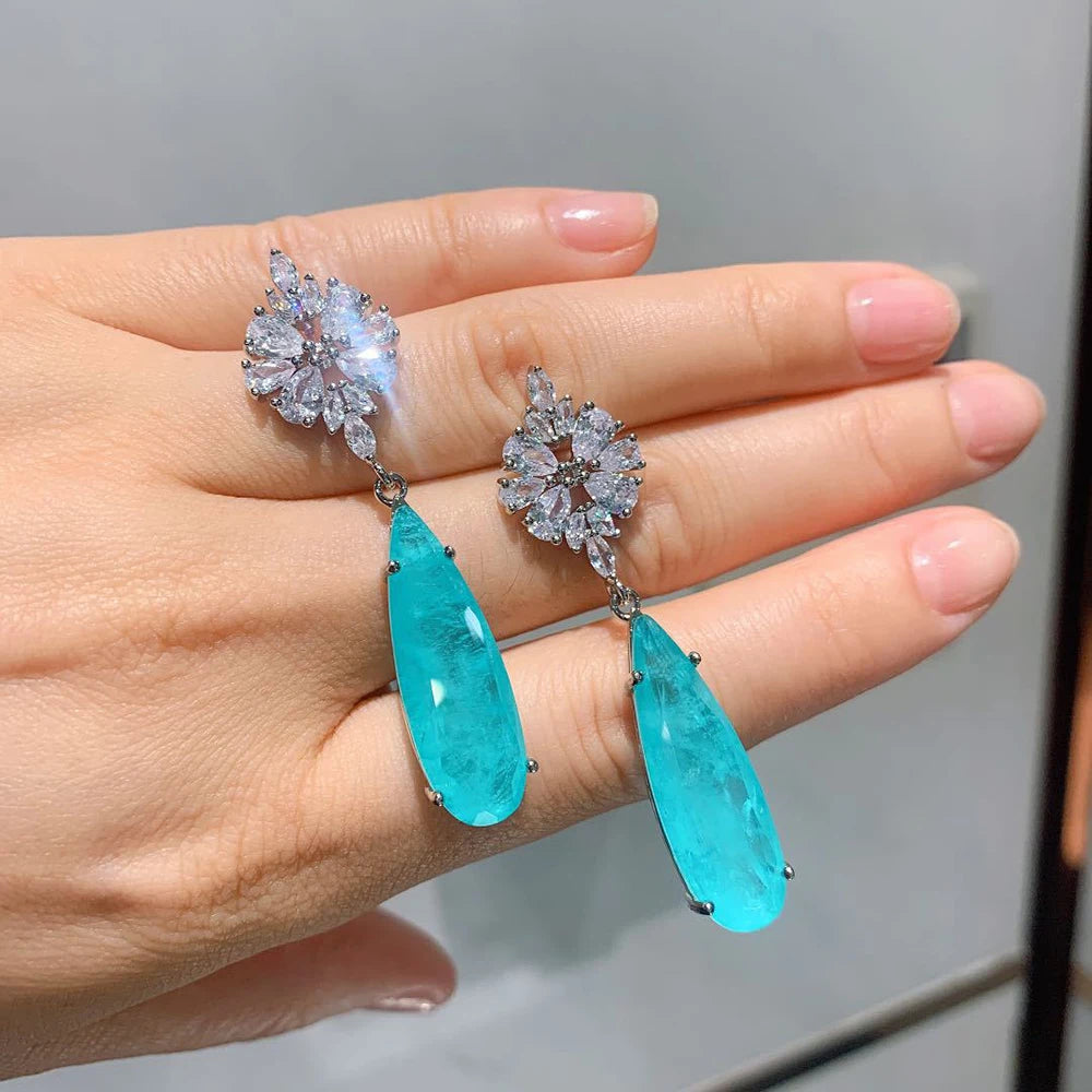 Vintage Paraiba Tourmaline Drop Earrings Lab Diamond Cocktail Jewelry Gift