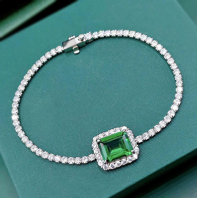 925 Silver 8x10mm Emerald Ruby Diamond Bracelet 16-18cm