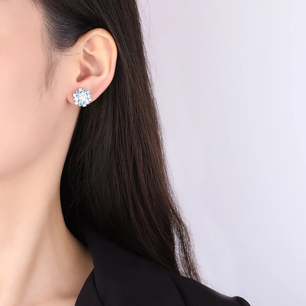 925 Silver Flower Aquamarine Ruby Sapphire Stud Earrings