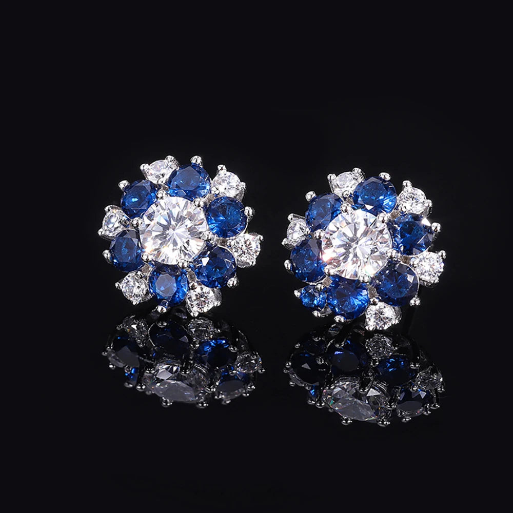 925 Silver Flower Aquamarine Ruby Sapphire Stud Earrings
