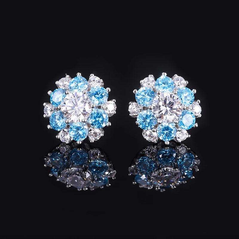 925 Silver Flower Aquamarine Ruby Sapphire Stud Earrings