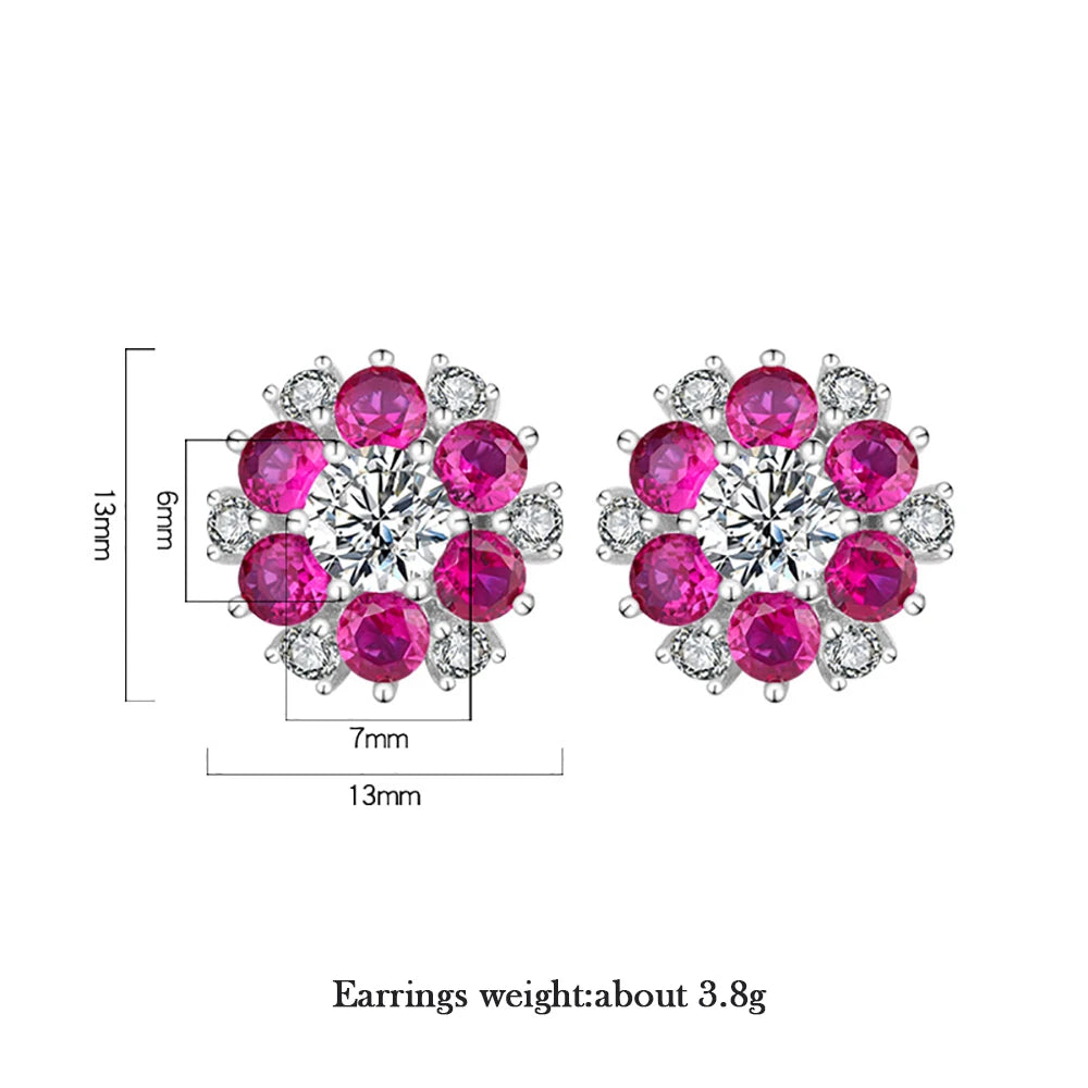 925 Silver Flower Aquamarine Ruby Sapphire Stud Earrings