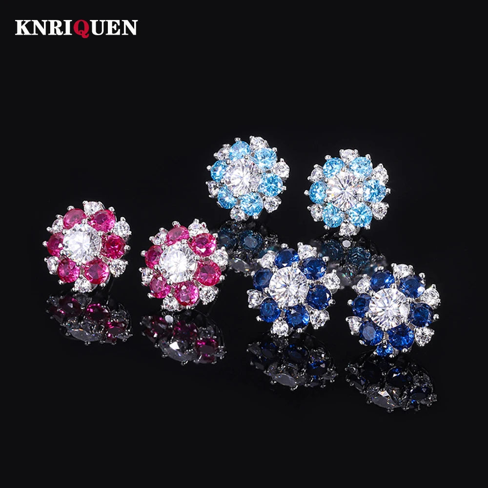 925 Silver Flower Aquamarine Ruby Sapphire Stud Earrings