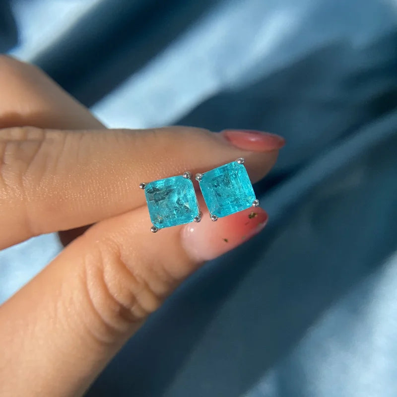 925 Silver Paraiba Tourmaline Ear Studs Earrings Birthstone Fine Jewelry