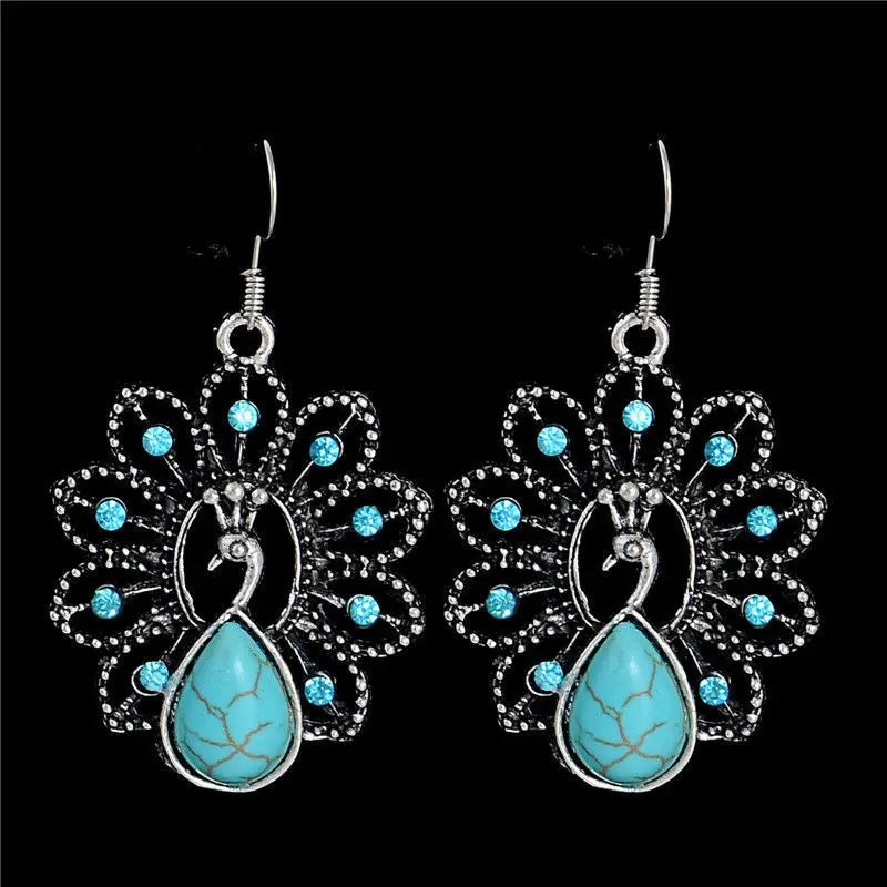 Vintage Silver Peacock Earrings for Women Bohemian Turquoise Dangle