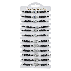12pcs Rhinestones Hamsa Turtle Charms Bracelet Crystal Bead Wristband Jewelry