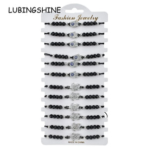 12pcs Rhinestones Hamsa Turtle Charms Bracelet Crystal Bead Wristband Jewelry