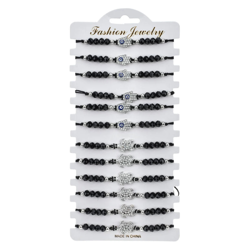 12pcs Rhinestones Hamsa Turtle Charms Bracelet Crystal Bead Wristband Jewelry