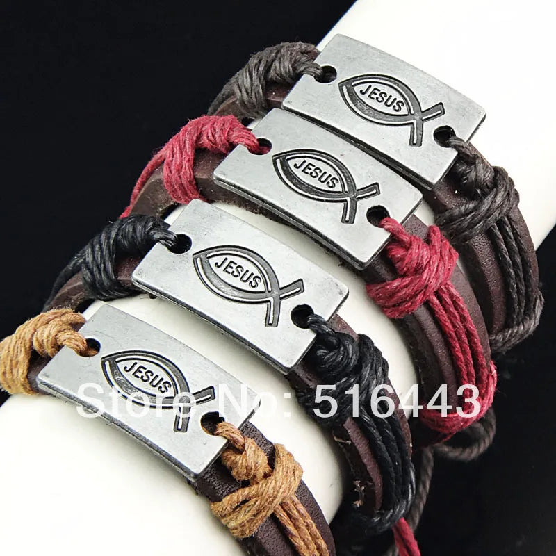 Vintage Jesus Alloy Leather Bracelets Bangles Lot A519