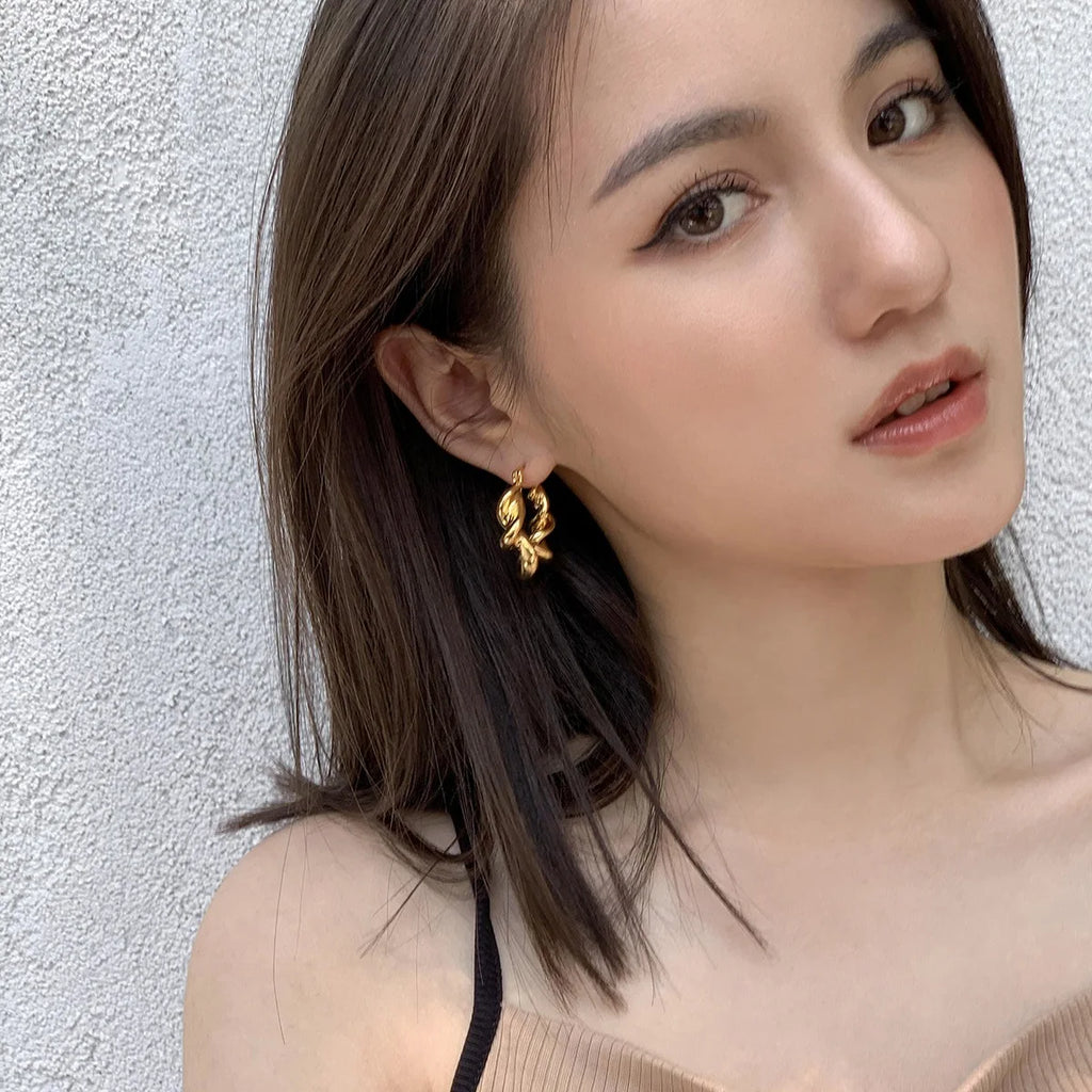 Vintage 14k Geometric Twist Hoop Earrings Chunky Hoop Wedding Jewelry
