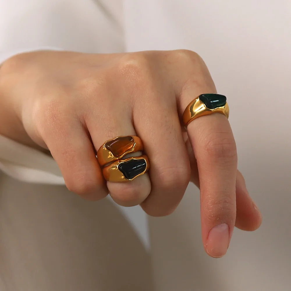 Vintage 18K Plated Gemstone Ring for Women Inlaid Green Red Geometric