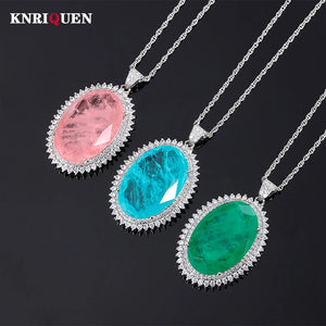 Pink Quartz Emerald Paraiba Tourmaline Pendant Necklace for Women