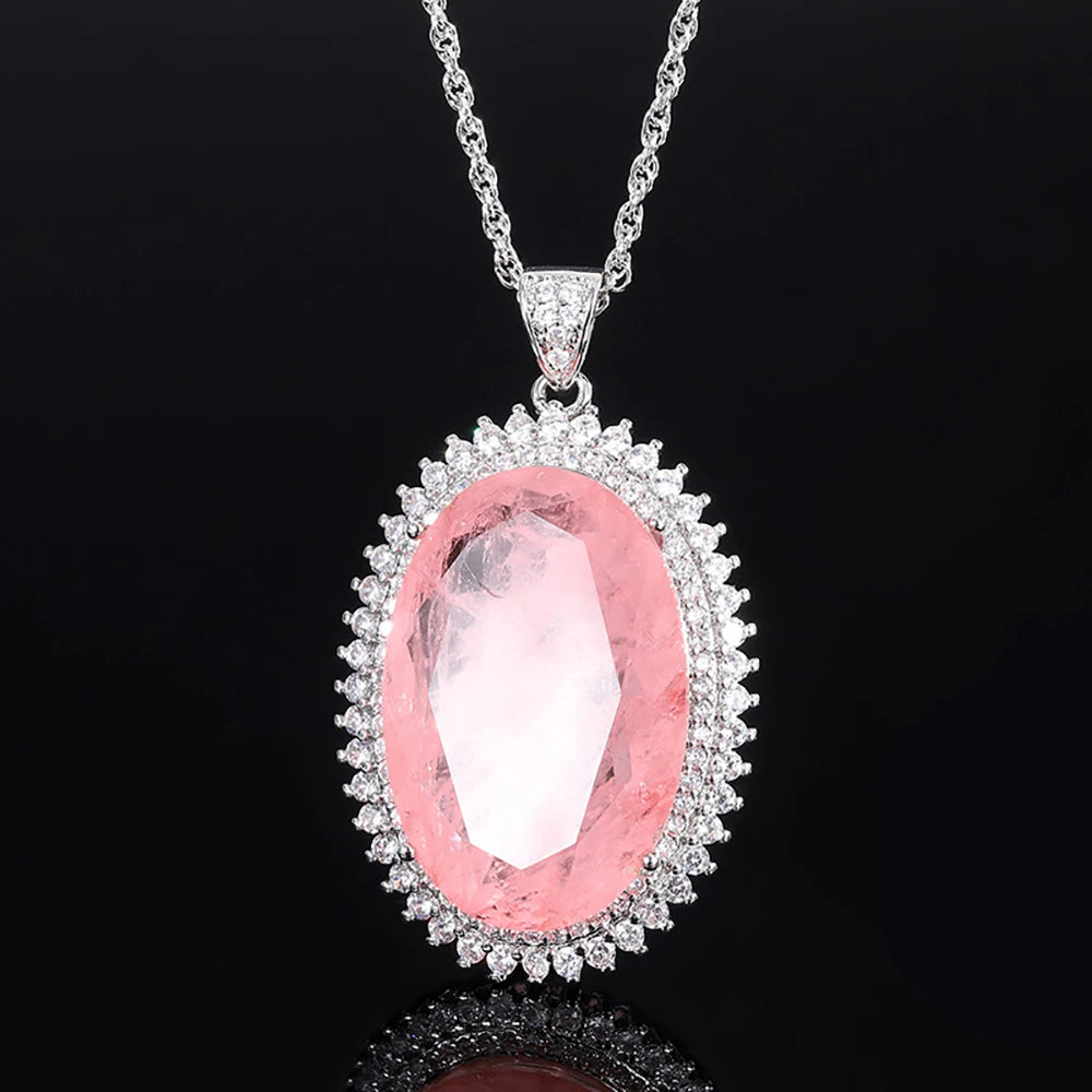 Pink Quartz Emerald Paraiba Tourmaline Pendant Necklace for Women