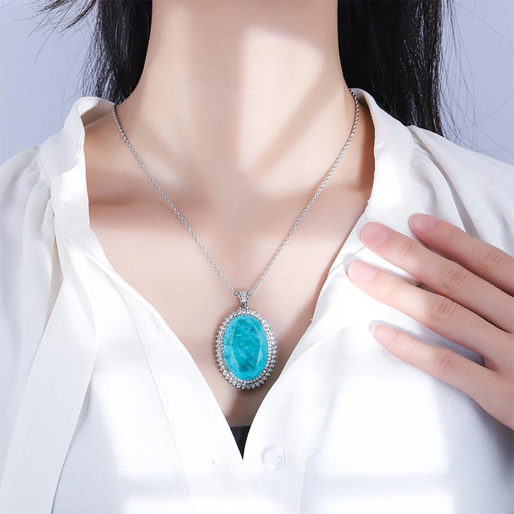 Pink Quartz Emerald Paraiba Tourmaline Pendant Necklace for Women
