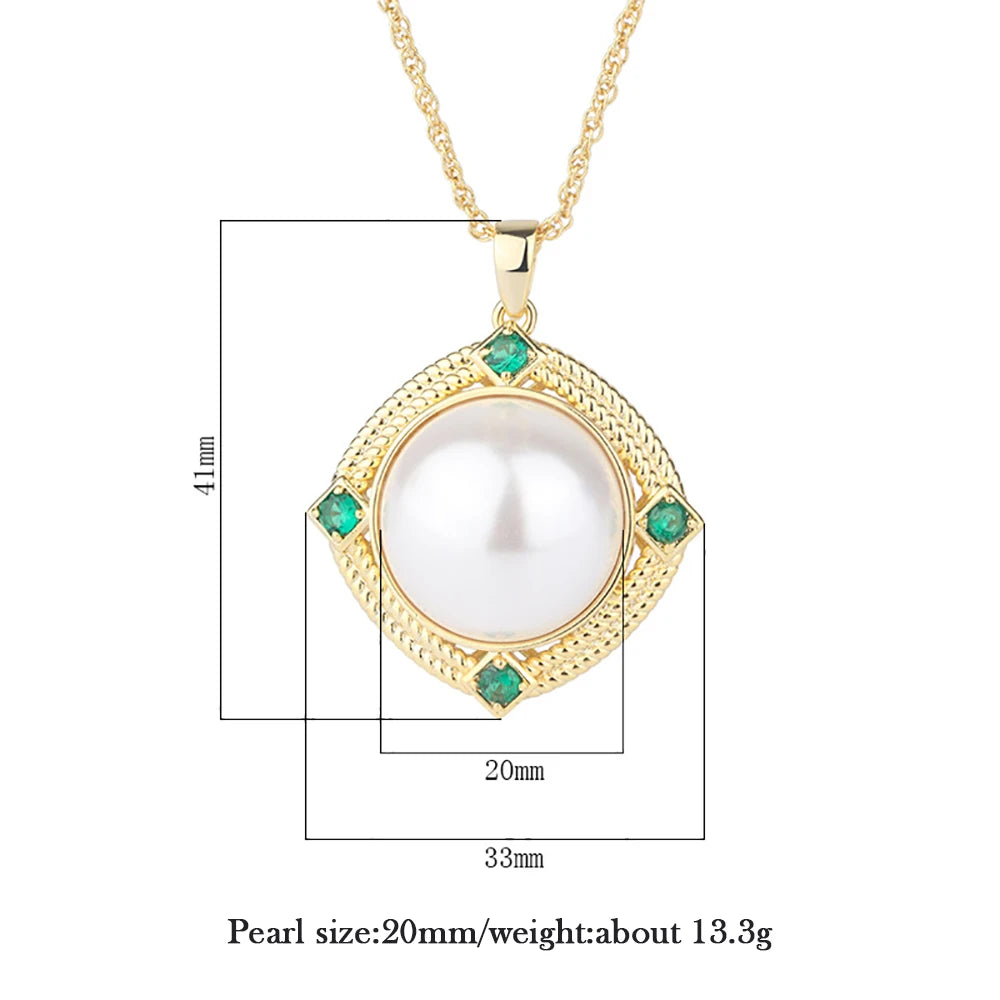 Vintage 20mm Big Pearl Emerald Lab Diamond Pendant Necklace for Women