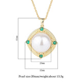 Vintage 20mm Big Pearl Emerald Lab Diamond Pendant Necklace for Women