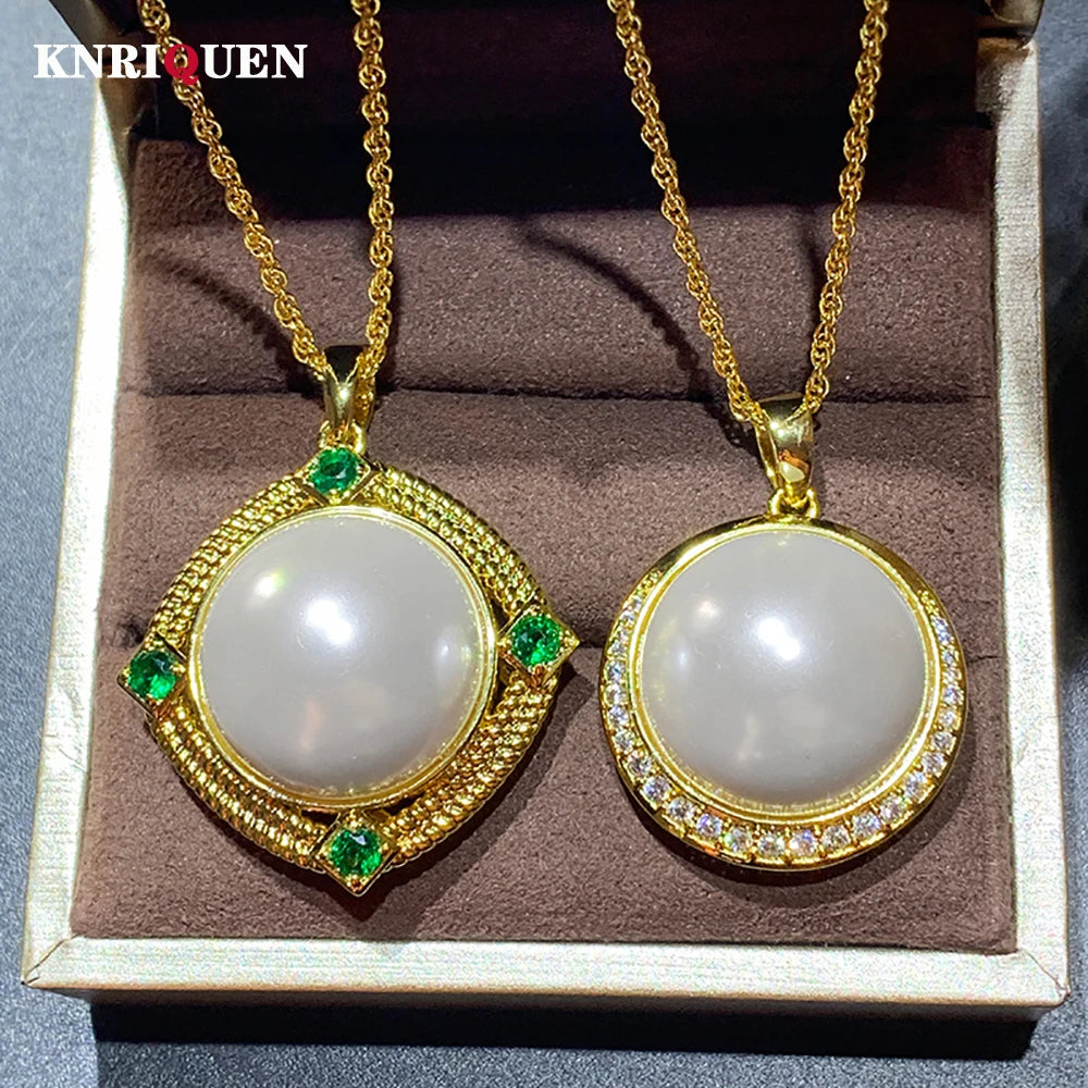 Vintage 20mm Big Pearl Emerald Lab Diamond Pendant Necklace for Women