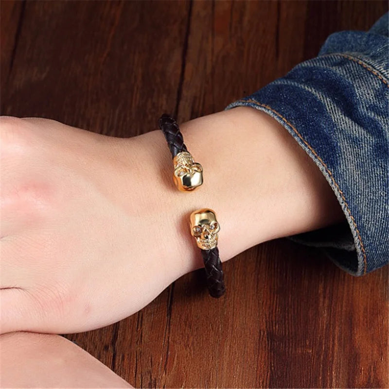 Vintage Skull Bangles Hand Top Stainless Steel Leather Bracelet
