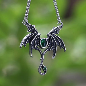 Vintage Stainless Steel Wing Necklace Green Stone Couple Gift