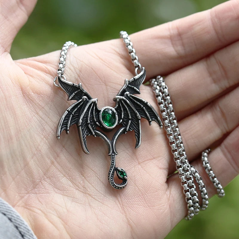 Vintage Stainless Steel Wing Necklace Green Stone Couple Gift