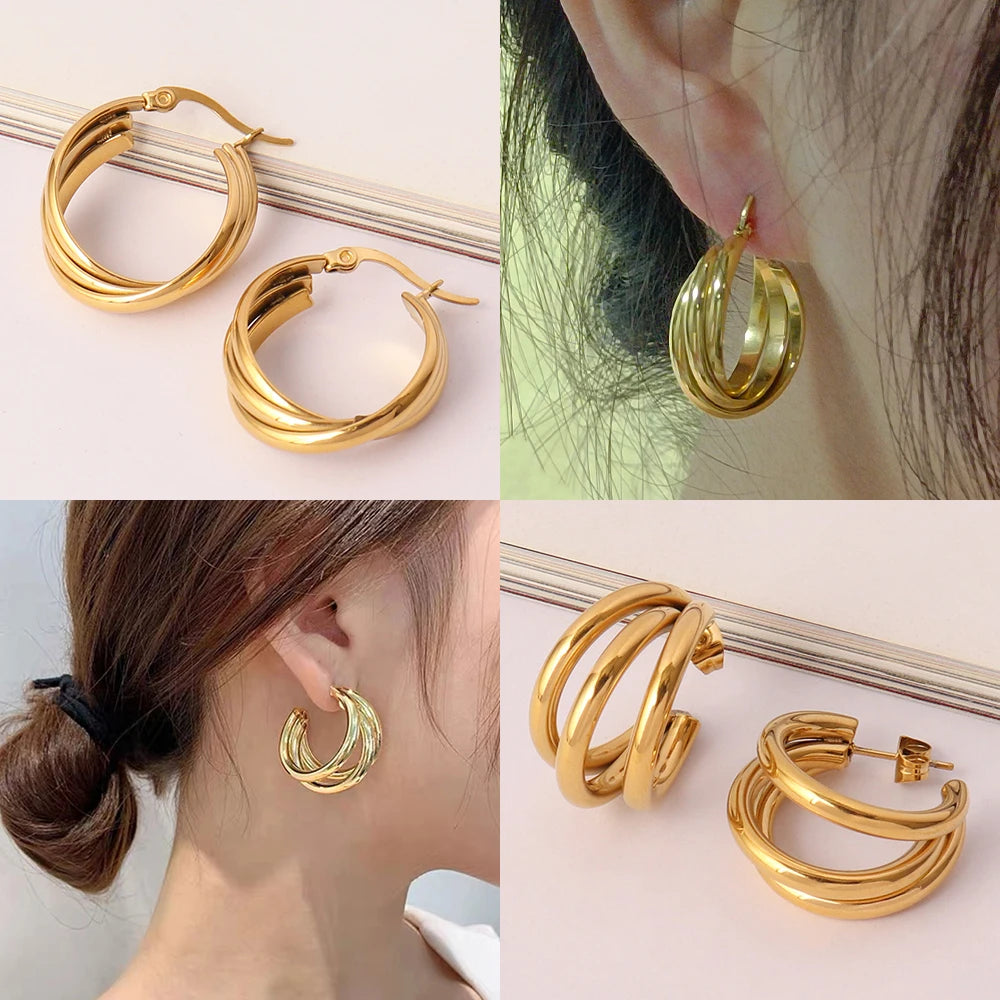 Vintage Stainless Steel Hoop Earrings Chain Earring Charm Plated Jewelry Gift