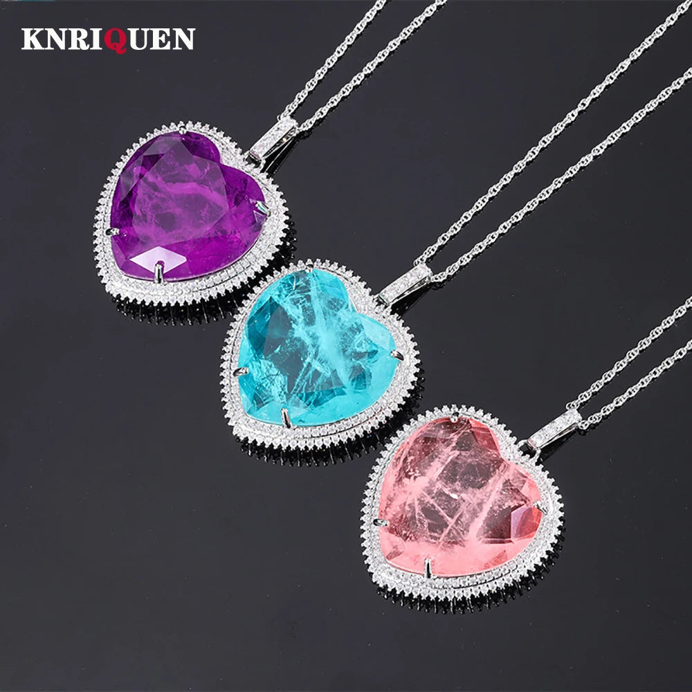 Heart-Shaped Pink Quartz Amethyst Paraiba Tourmaline Pendant Necklace