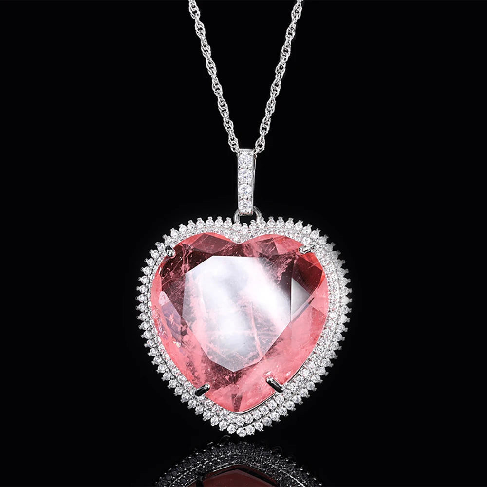 Heart-Shaped Pink Quartz Amethyst Paraiba Tourmaline Pendant Necklace