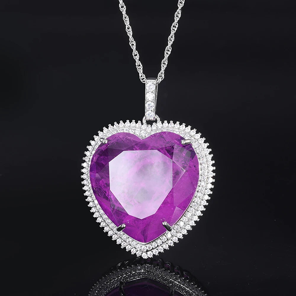 Heart-Shaped Pink Quartz Amethyst Paraiba Tourmaline Pendant Necklace