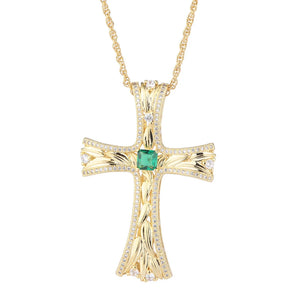 Vintage Ruby Emerald Cross Pendant Necklace Gold-Color Women's Charms