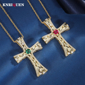 Vintage Ruby Emerald Cross Pendant Necklace Gold-Color Women's Charms