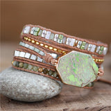 Vintage Green Stone Crystal Beads Leather Wrap Bracelet Bohemia Weaving
